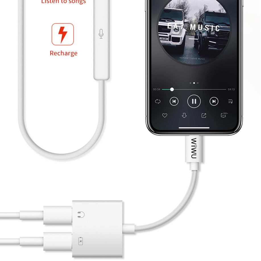 WiWU 2 in 1 Audio Adapter IOS to Dual Lightning with Built-in Microphone Support Charging Phone Call Same Time