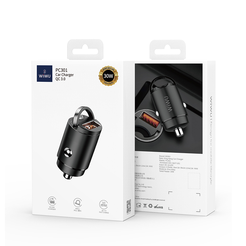WiWU PL301 Mini Car Charger 5A Small Pull Ring QC 4.0 Fast Charge in-car