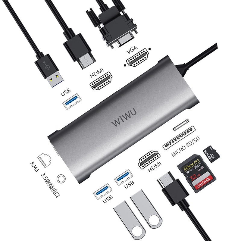 WIWU Alpha A11312H 10 in 1 USB-C Hub adapter type c docking station with 3*USB 2* HDMI 3.5mm audio VGA RJ45 card reader