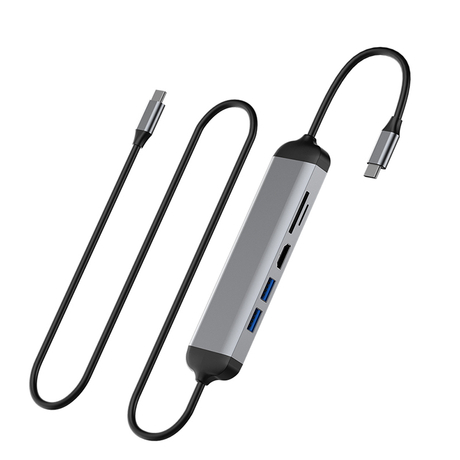 WiWU Alpha 521 Gray Aluminum Alloy Charging Data Transfer 5 In 1 Type C Hub With 1.6m Cable