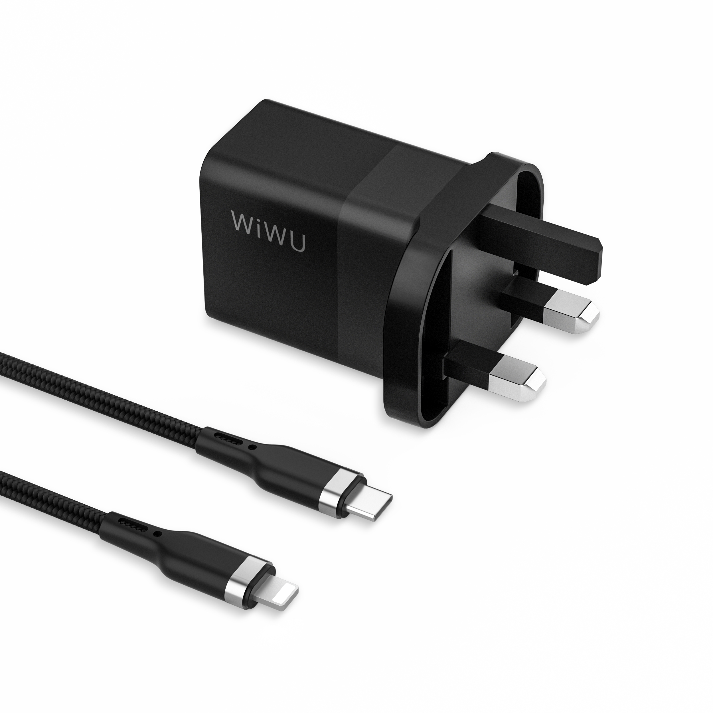 WiWU 30W PD Fast Wall Charger for iPhone Dual Ports USB A Type C with Cable UK Plug Mobile Phone Charging
