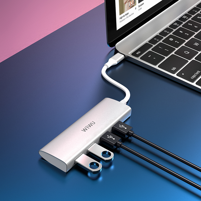 WiWU Alpha 440 Aluminum Alloy Data Transfer Usb Type C Hub with 4 Usb 3.0 Port for Mobile Devices